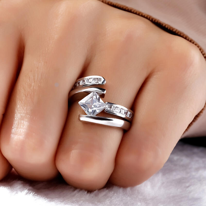 Jeulia Bypass Princess Cut Sterling Silver Ring Set