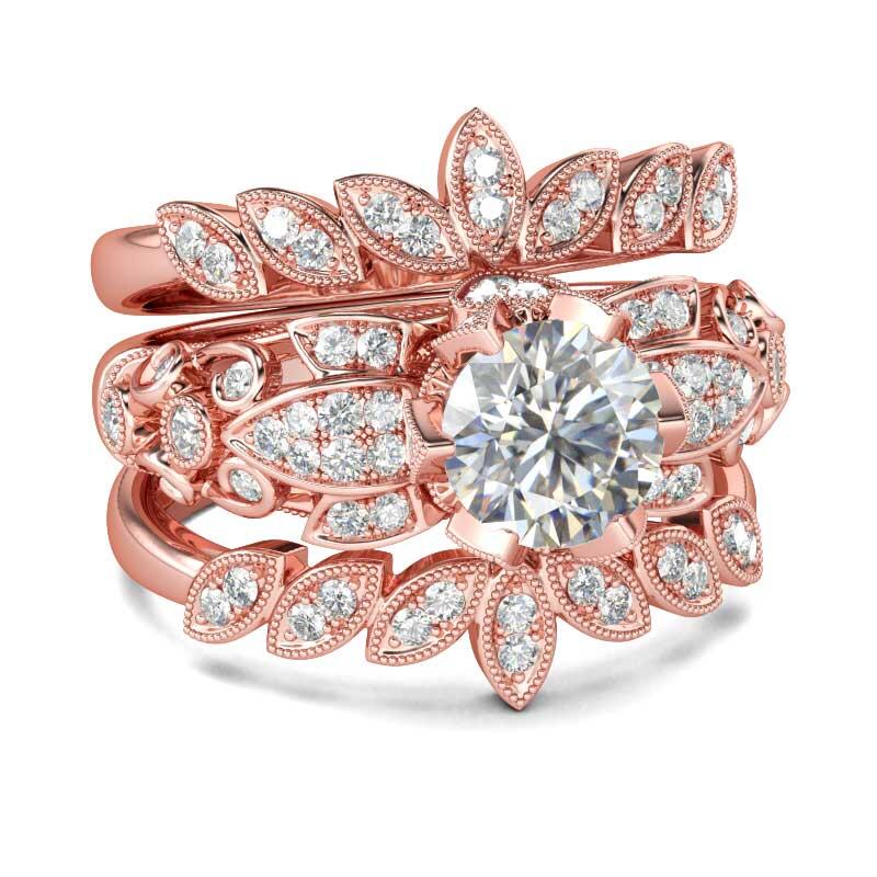 Jeulia Terno De Anillos De Plata De Ley Con Corte Redondo En Forma De Hoja