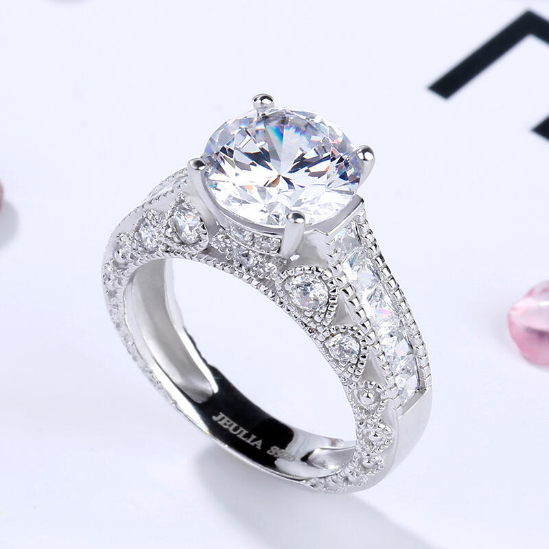 Jeulia Vintage Three Side Pave Round Cut Sterling Silver Ring