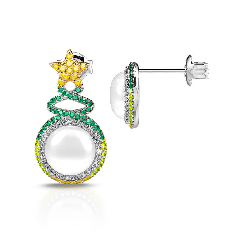 Jeulia "Christmas Tree" Cultured Pearl Sterling Silver Asymmetrical Earrings
