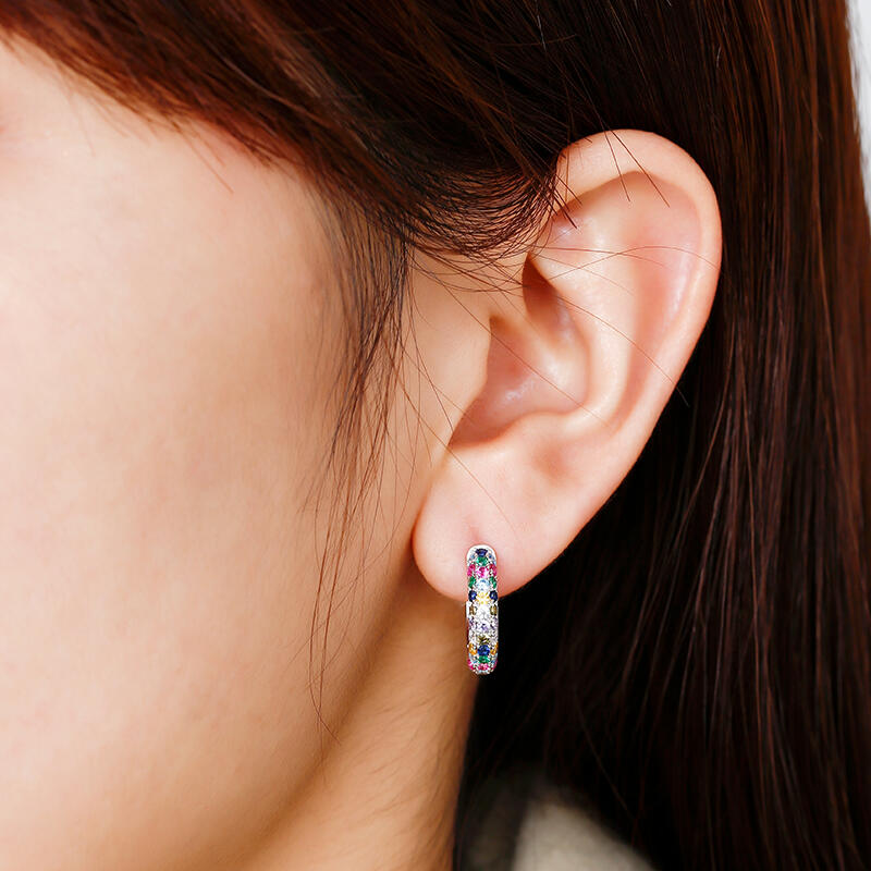 Jeulia Aretes de aro de plata 925 de corte redonda de piedra con multiples colores