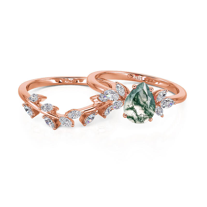 Jeulia Forest Deciduous Pear Cut Moss Agate Ring Set