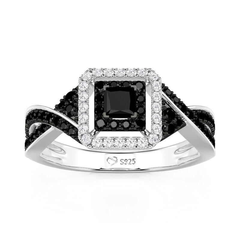 Jeulia Anillo de Compromiso Negro con Doble Halo en Plata de Ley