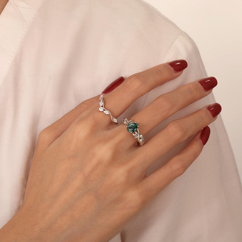 Jeulia Verflochtenes Blatt Birnenförmiger Moosachat Ringset