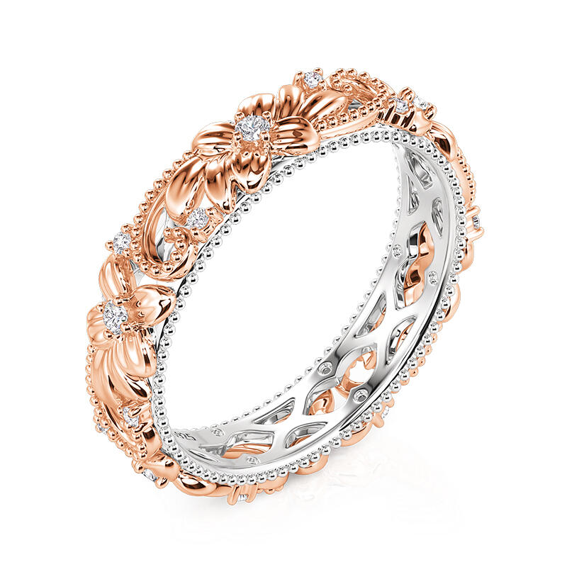 Jeulia Anillo de Boda Floral en Relieve Bicolor con Pavé de Piedras