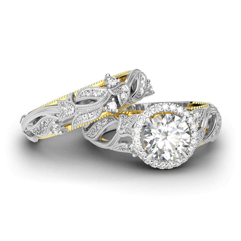 Jeulia Ensemble de Bague Halo en Argent Sterling avec Motif Feuille Coupe Ronde