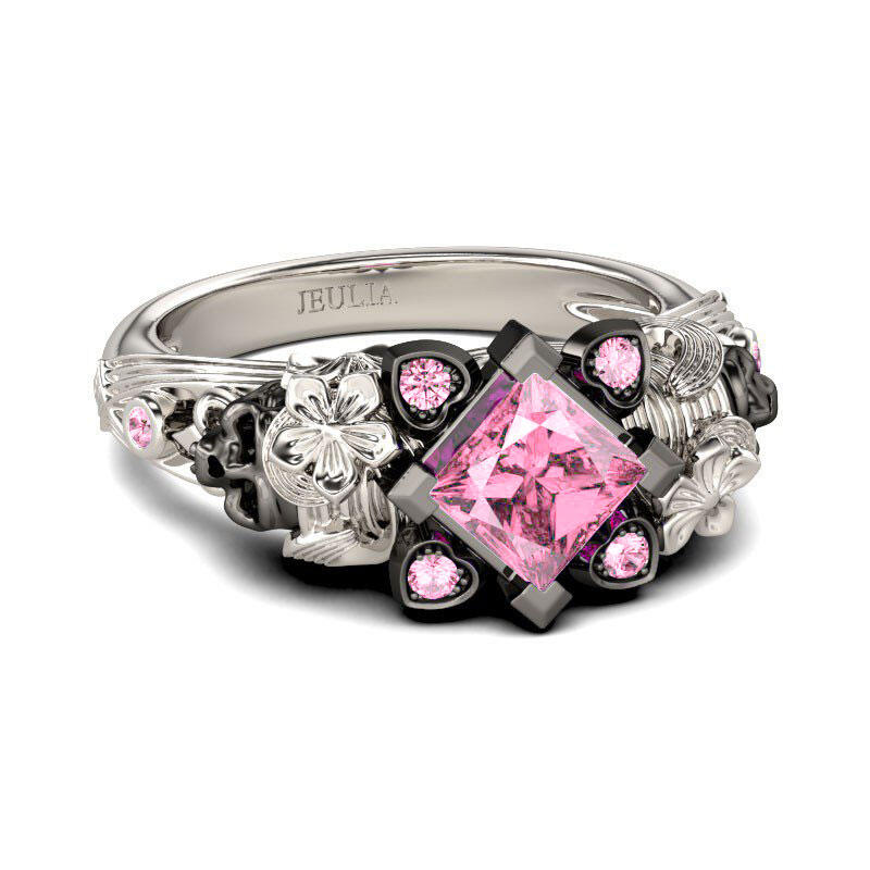 Jeulia Flower Design Princess Cut Sterling Silver Two Skull Ring