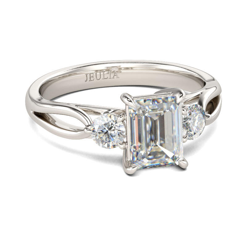 Jeulia Three Stone Split Shank Emerald Cut Sterling Silver Ring