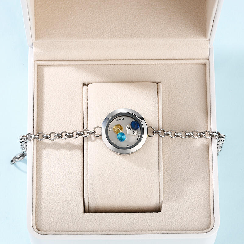 "I Love You Mom" Engraved Floating Locket Bracelet With Charms And Birthstones Stainless Steel