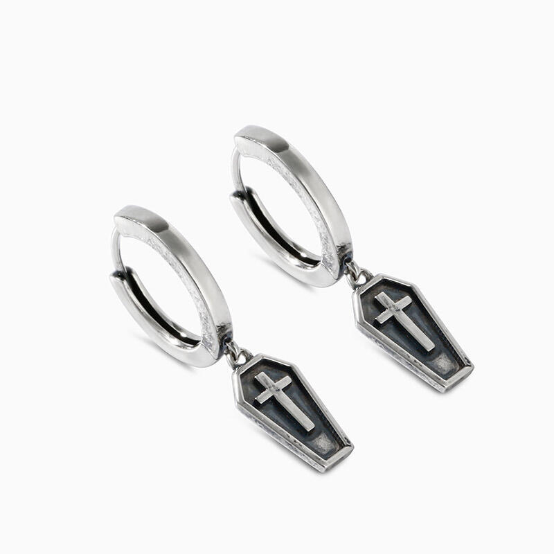 Jeulia Pendientes colgantes con una cruz en un ataúd de plata de ley