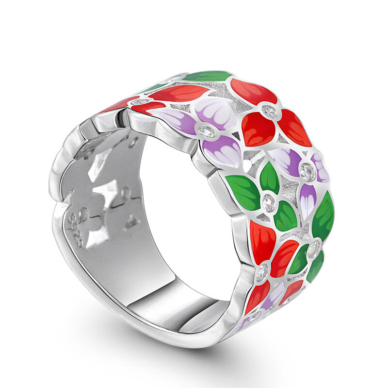 Jeulia "Sea of Flowers" Flower Enamel Sterling Silver Women's Band