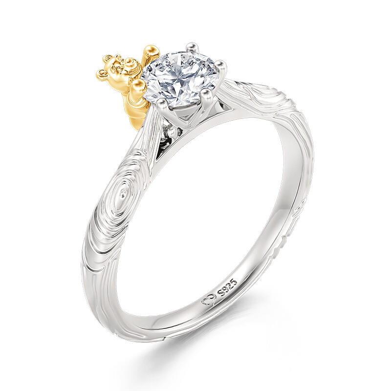 Jeulia Hug Me Anillo de Plata Esterlina Grano de Madera de Oso de Dibujos Animados de Corte Redondo