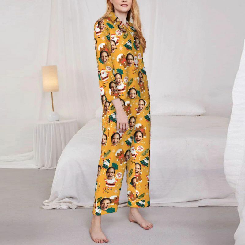 Pyjama personnalisé avec motif de bonhomme en pain d'épice et photo personnalisée, cadeau de Noël pour elle