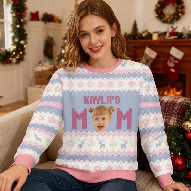 Personalized Ugly Sweater Unisex Custom Face Photo Elegant Purple Design Christmas Gift for Her Mom