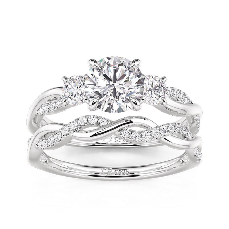 Jeulia Juego de Anillos Clásico de Tres Piedras Redondas con Giro