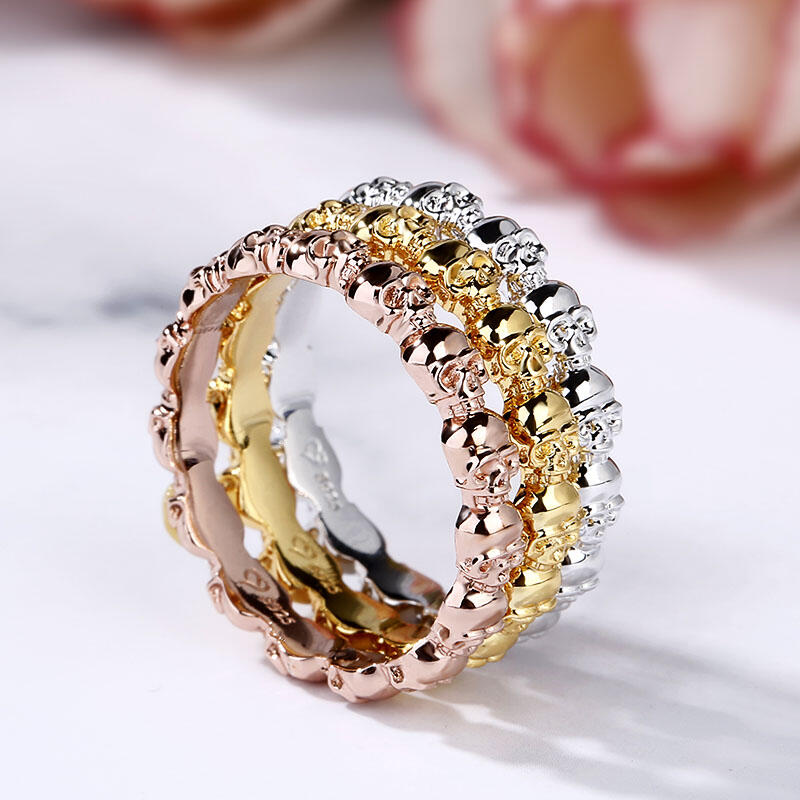 Jeulia Tri-Tone Stackable Sterling Silver Skull Ring Set