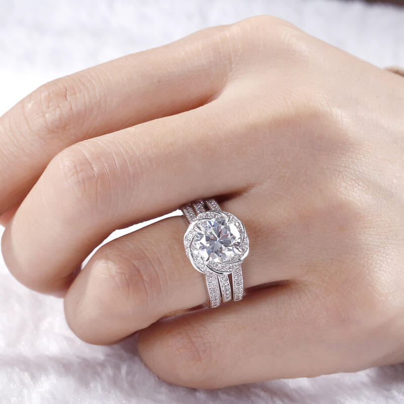 Jeulia Floral Halo Round Cut Interchangeable Sterling Silver Ring Set