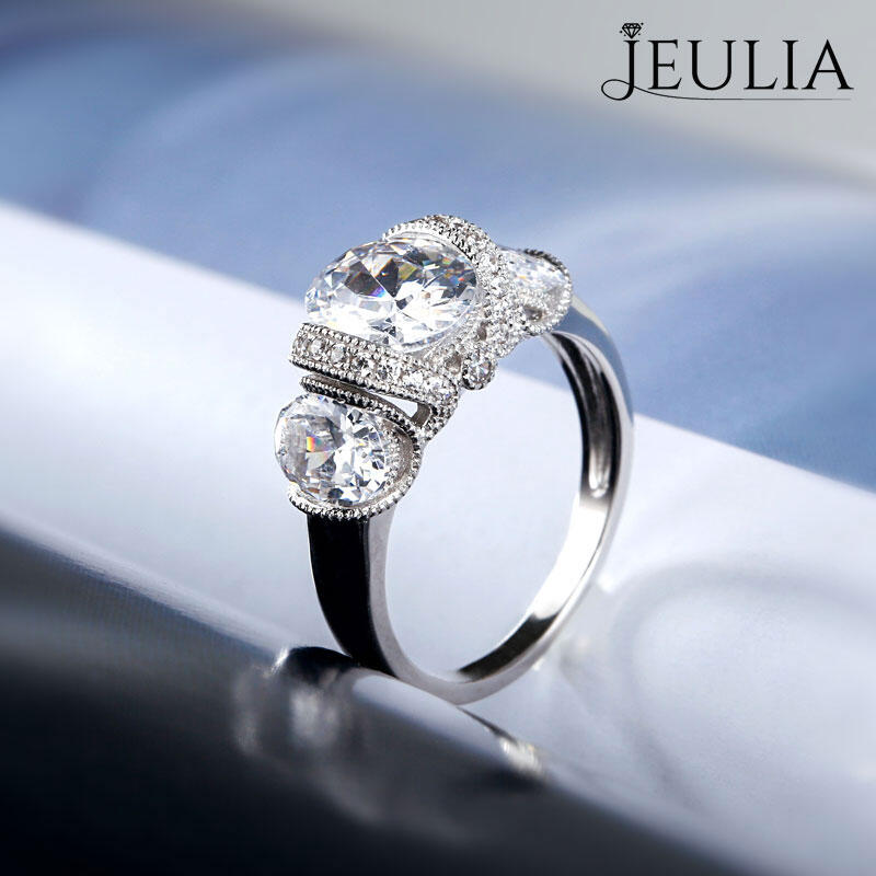 Jeulia Milgrain Three Stone Oval Cut Sterling Silver Ring