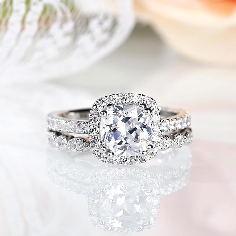 Jeulia Halo Cushion Cut Sterling Silver Ring Set