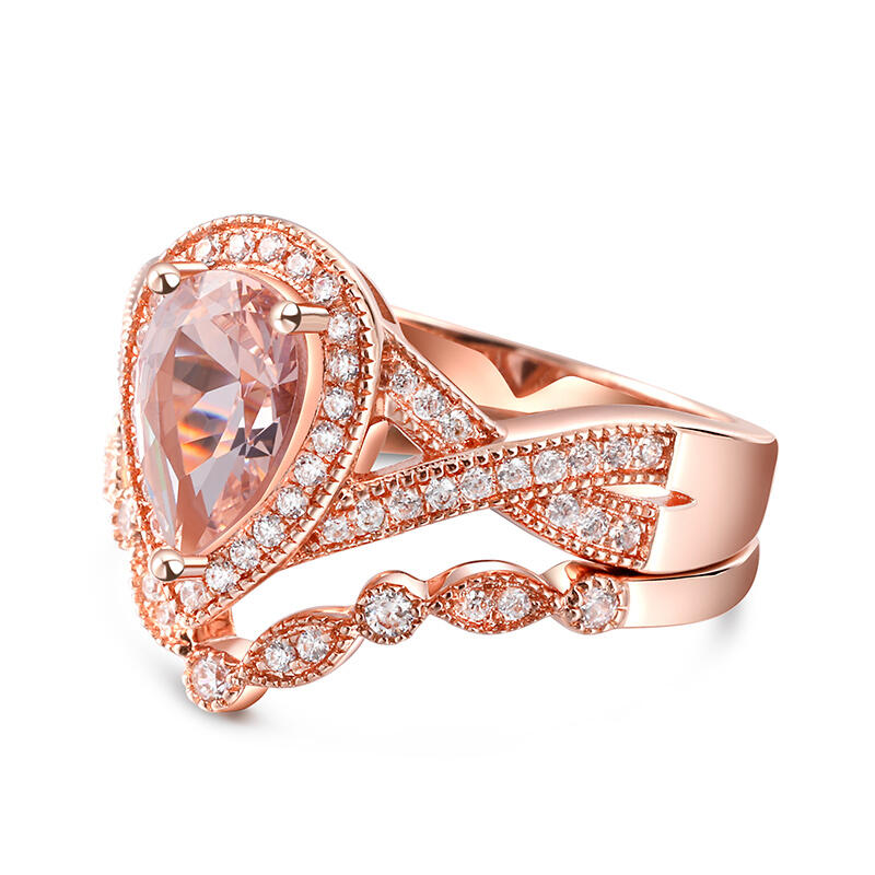 Jeulia Anillo de Plata de Ley con Morganita Sintética con Corte de Pera y Halo