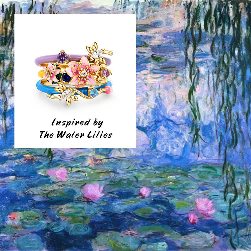 Jeulia "Tenderness in The Pond" Water Lilies Inspired Enamel Sterling Silver Ring