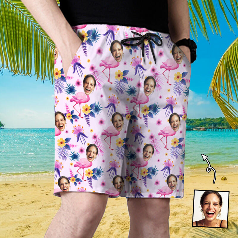 Personalisierte Foto Herren Strandshorts mit rosa Flamingo-Muster Schönes Geschenk für die Familie