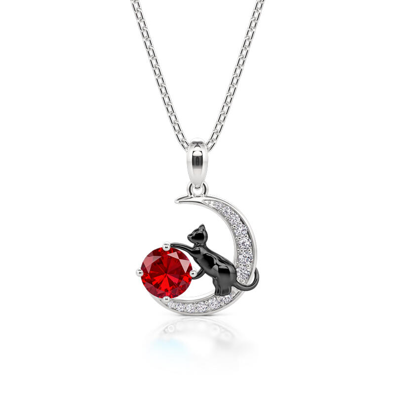 Jeulia Collar Personalizado con Gato Negro en la Luna con Piedra Natal de Plata Esterlina