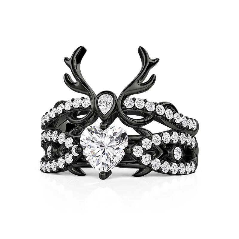 Jeulia 2PCS Gothic Black Thorn Heart Ring Set