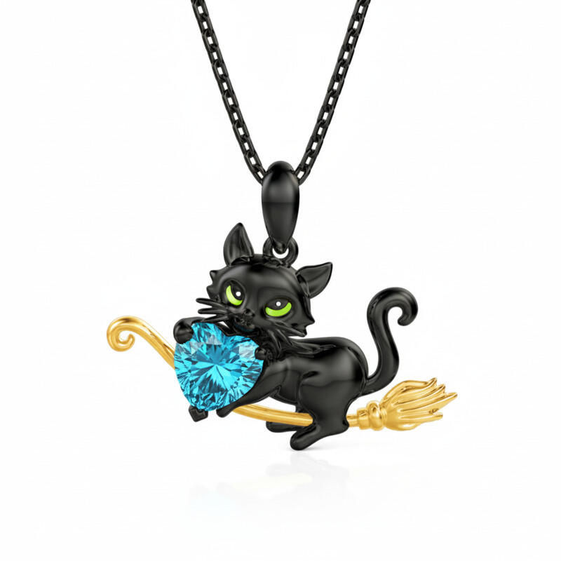 Jeullia Hug Me Magic Black Cat Custom Birthstone Necklace