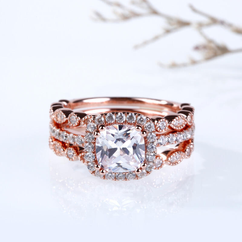 جوليا طقم خواتم هالة الفضة الإسترليني بقطع مربع مجموعة من ثلاث حلقات