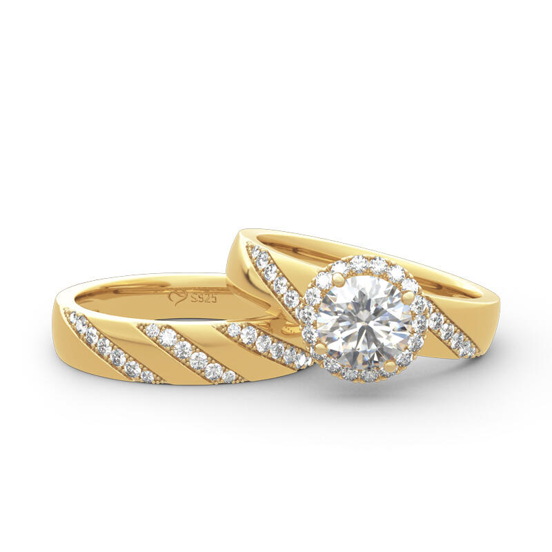 Jeulia Halo Round Cut Sterling Silver Ring Set