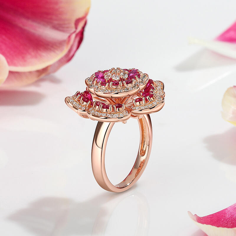 Jeulia Anillo grande mujer de plata de ley en tono oro rosa en flor