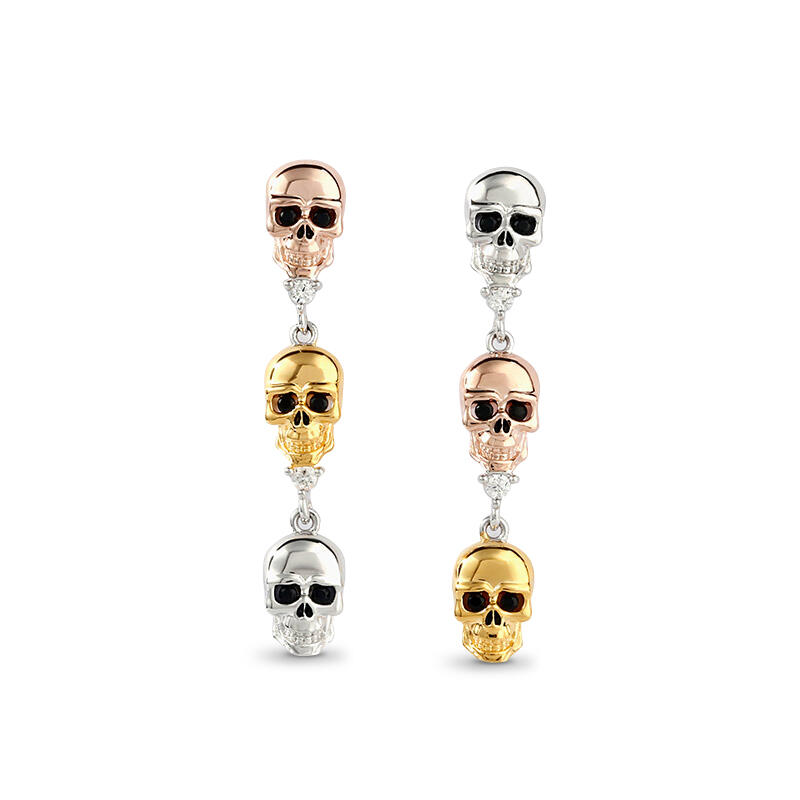 Jeulia Pendientes de calavera tricolor y huesos cruzados en plata de ley