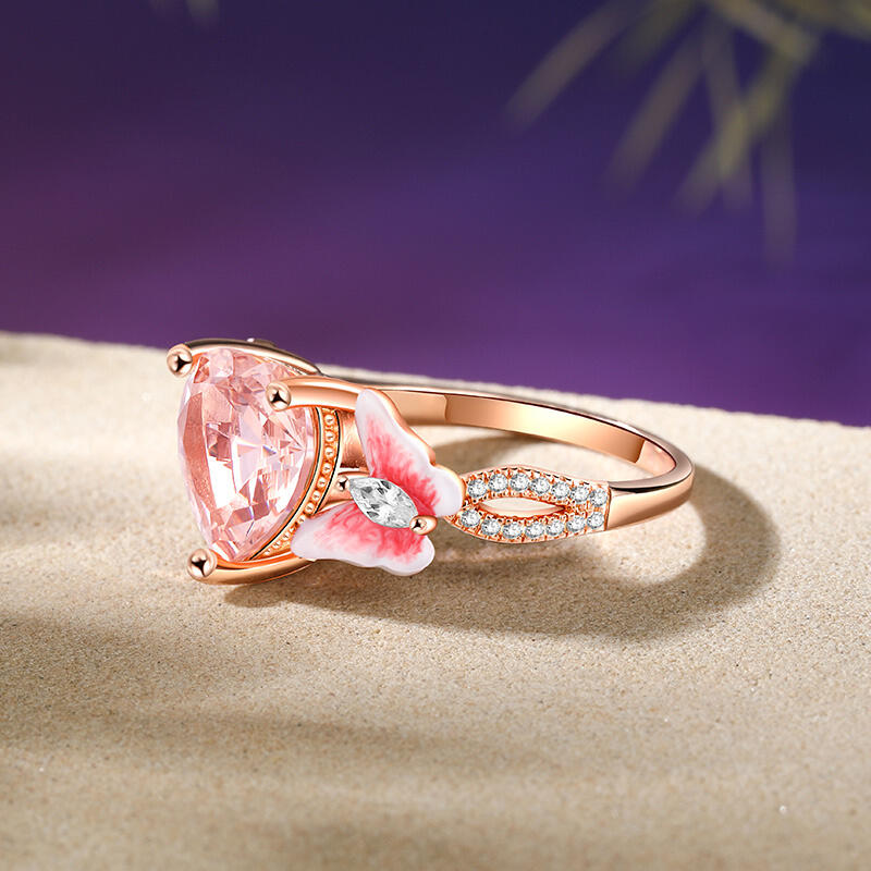 Jeulia Enamel Butterfly Heart Cut Synthetic Morganite Twist Sterling Silver Ring