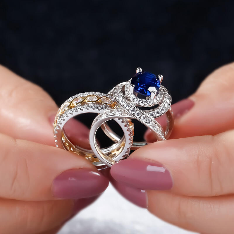 Jeulia Conjunto de anéis ovais largos cortados em prata de lei