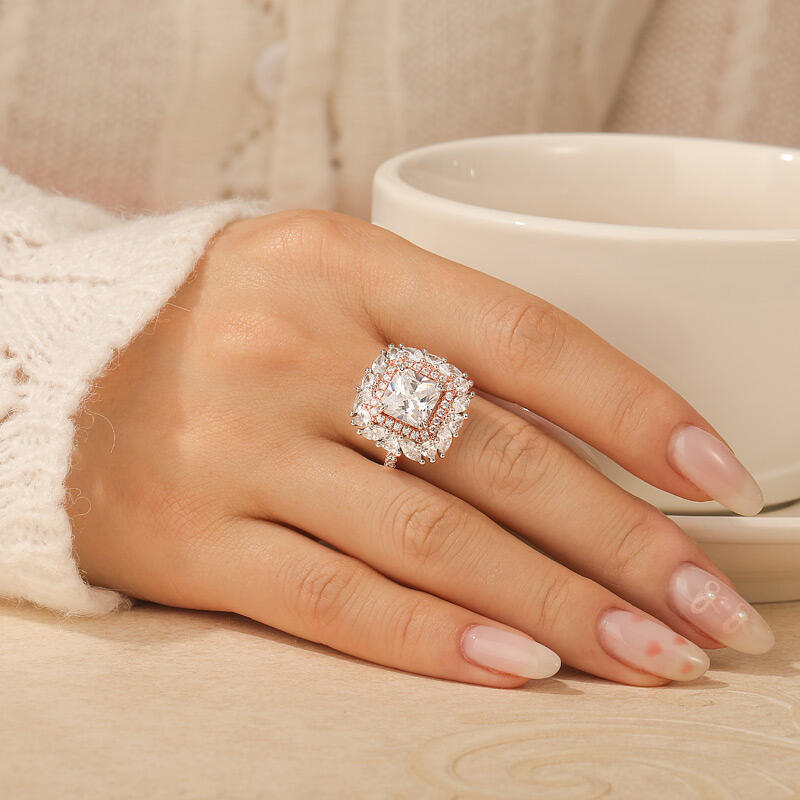 Jeulia Irregular Double Halo Two Tone Engagement Ring Radiant Cut