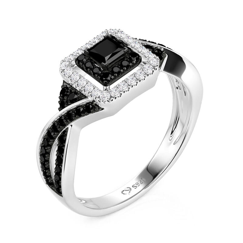 Jeulia Anillo de Compromiso Negro con Doble Halo en Plata de Ley