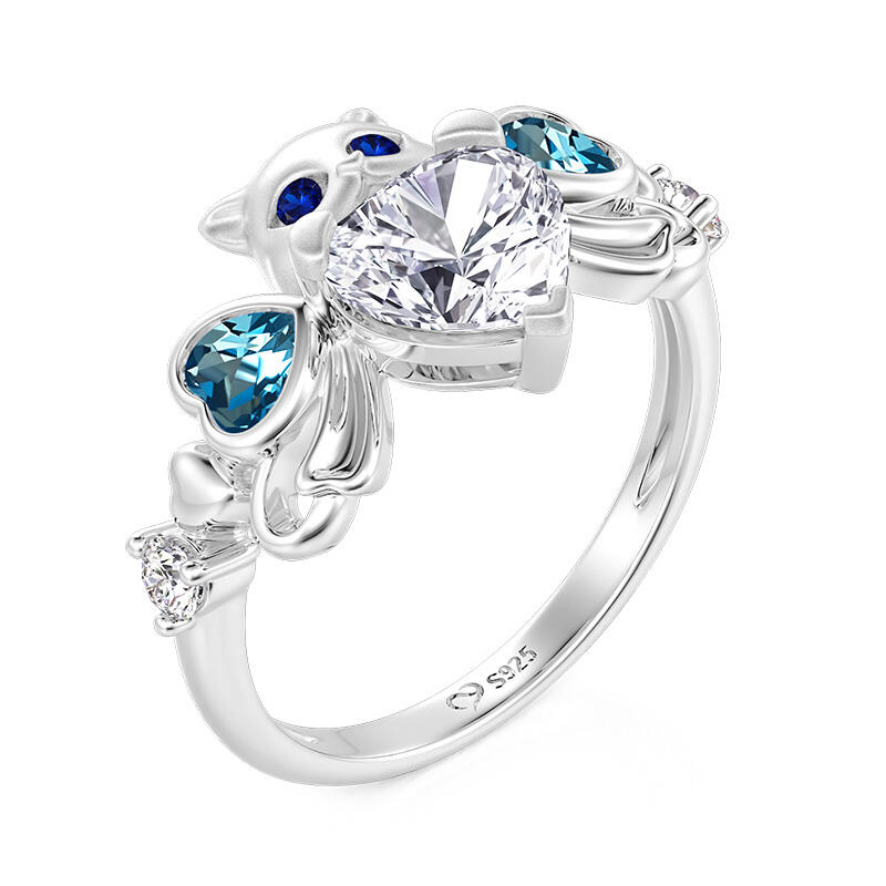 Jeulia Cute Cat Bowknot Heart Ring Sterling Silver