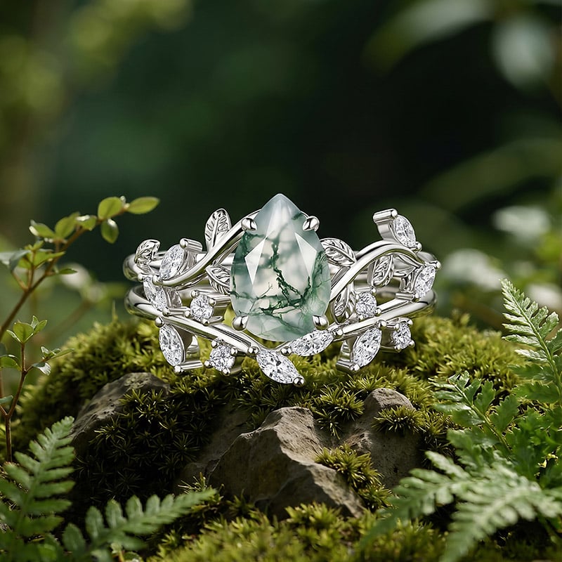 Leaf Pear Shaped Moss Agate Ring Set