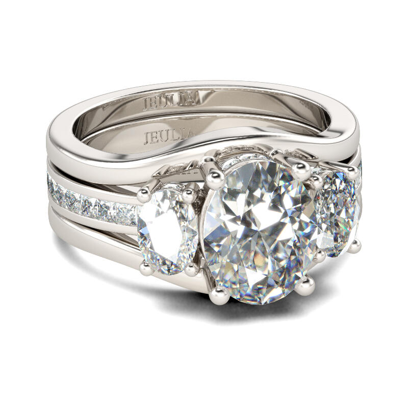 Jeulia Three Stone Oval Cut Sterling Silver Ring Set