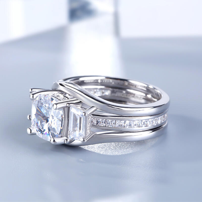 Jeulia Three Stone Cushion Cut Sterling Silver Ring Set