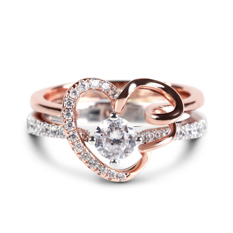 Jeulia Conjunto De Anillos Entrelazados Con Dos Tonos De Talla Redonda En Plata De Ley