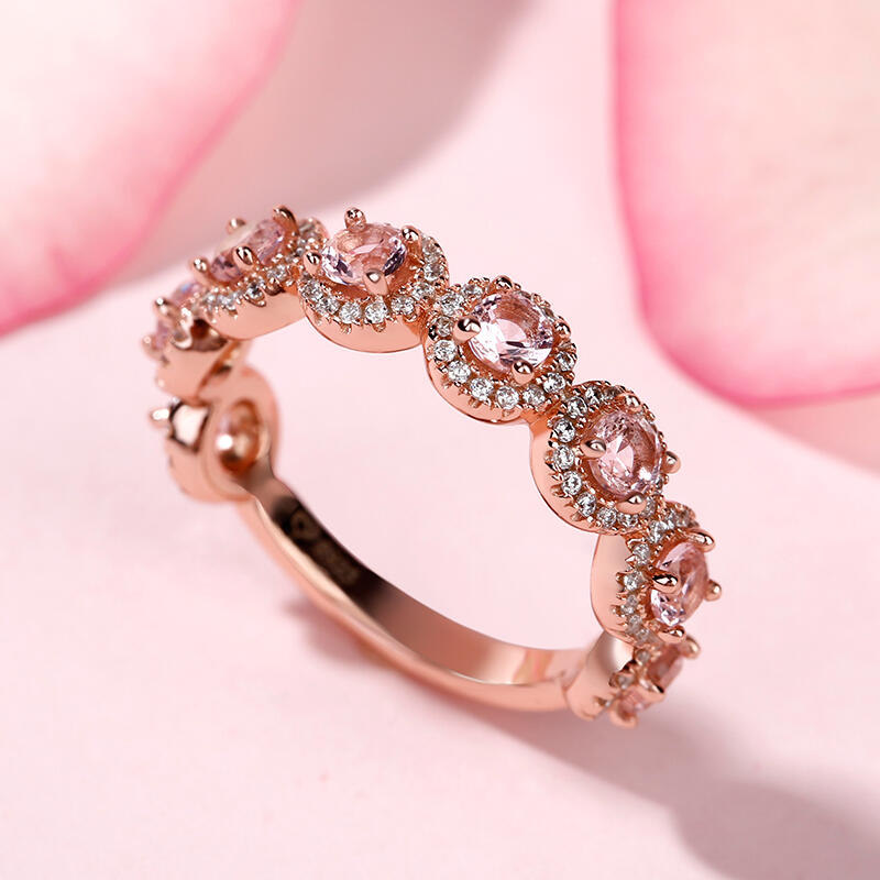 Jeulia Halo Round Cut Synthetic Morganite Sterling Silver Women's Band