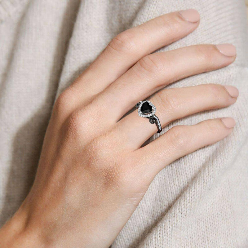 Jeulia "Love in the Moonlight" Black Heart Cut Sterling Silver Ring