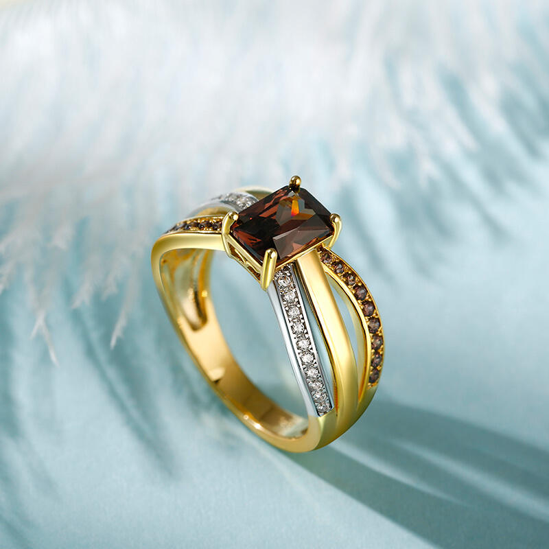 Jeulia "Delicious Coffee" Two Tone Crossover Emerald Cut Sterling Silver Ring