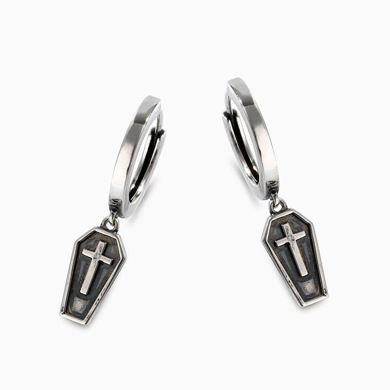 Jeulia Pendientes colgantes con una cruz en un ataúd de plata de ley