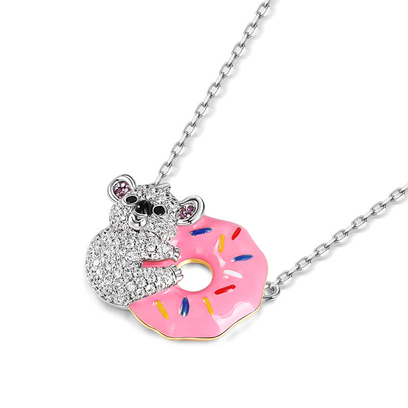 Jeulia "Dream Time" Koala Bear and Donut Enamel Sterling Silver Necklace