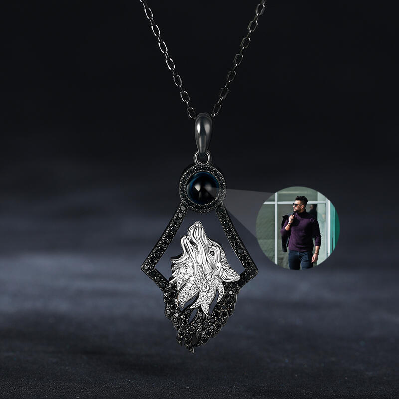 Jeulia "Guardian of Love" Wolf Personalized Photo Projection Sterling Silver Necklace