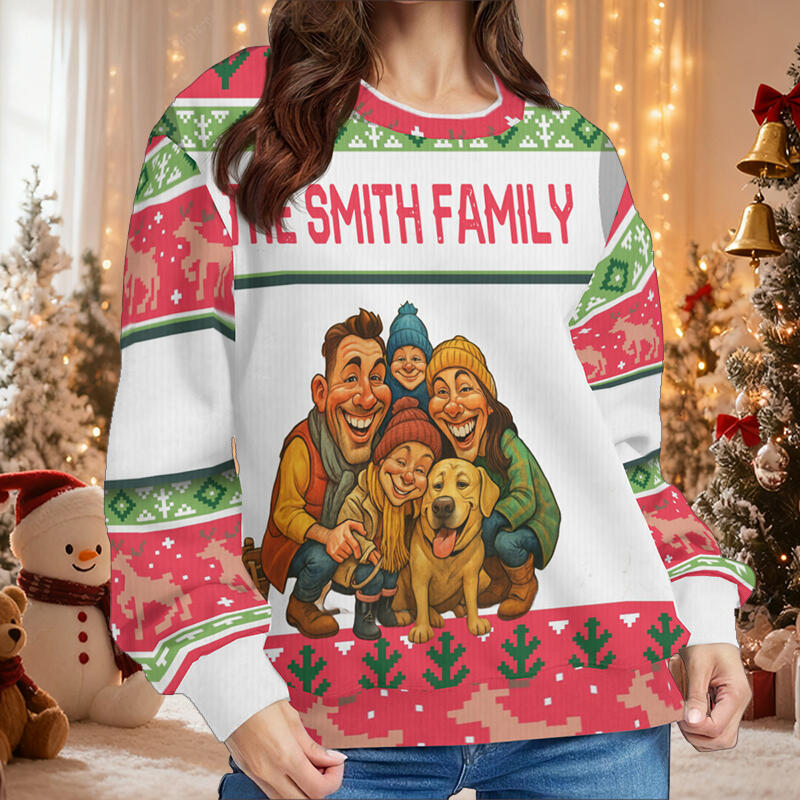 Suéter feo personalizado unisex con foto personalizada, diseño de dibujos animados, atractivo regalo de Navidad para la familia.