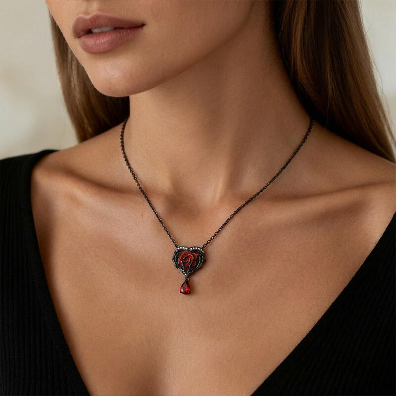 Jeulia "Never Ending Love" Skeleton Hands & Rose Sterling Silver Necklace